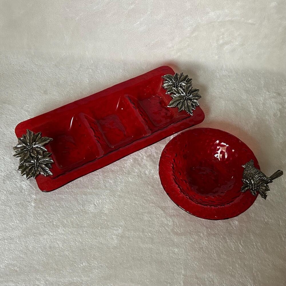 Red Bird & Poinsettia Glass Bowl and Divided Plate Set